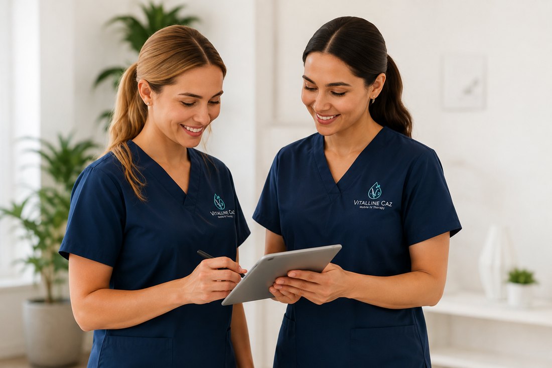Two Vitalline Caz nurses reviewing a treatment plan together on a tablet